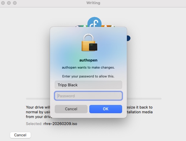 FedoraMediaWriter - Pre burn OS authorization pop-up